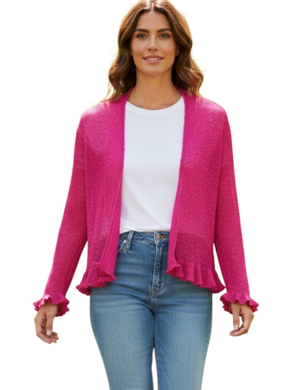 Vasna Open-Front Ruffle-Hem Cardigan in Bright Fuchsia